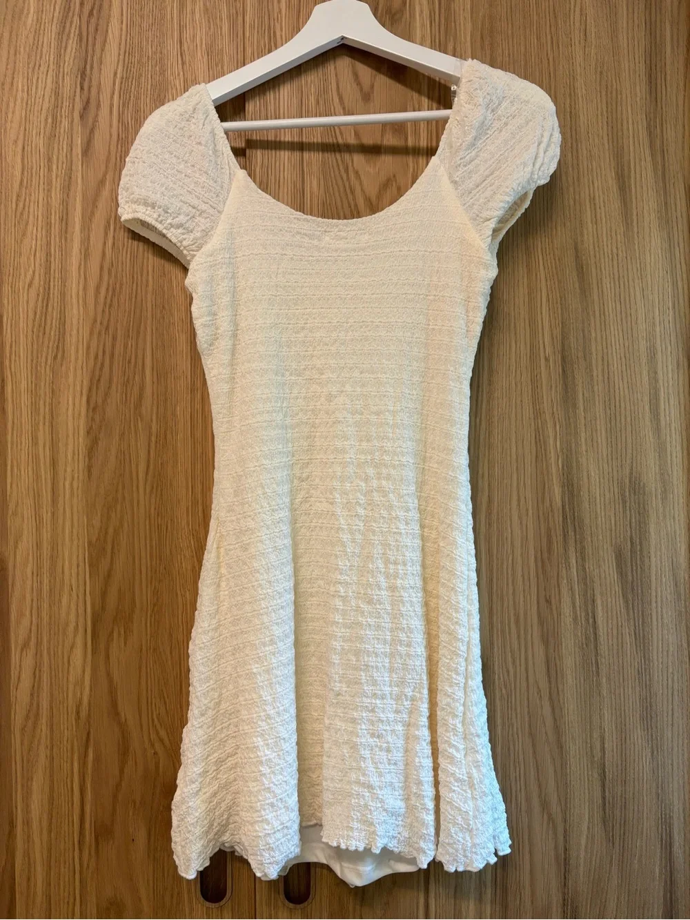 Textured Cream Mini Dress with Tie Front - Picture 3 of 3